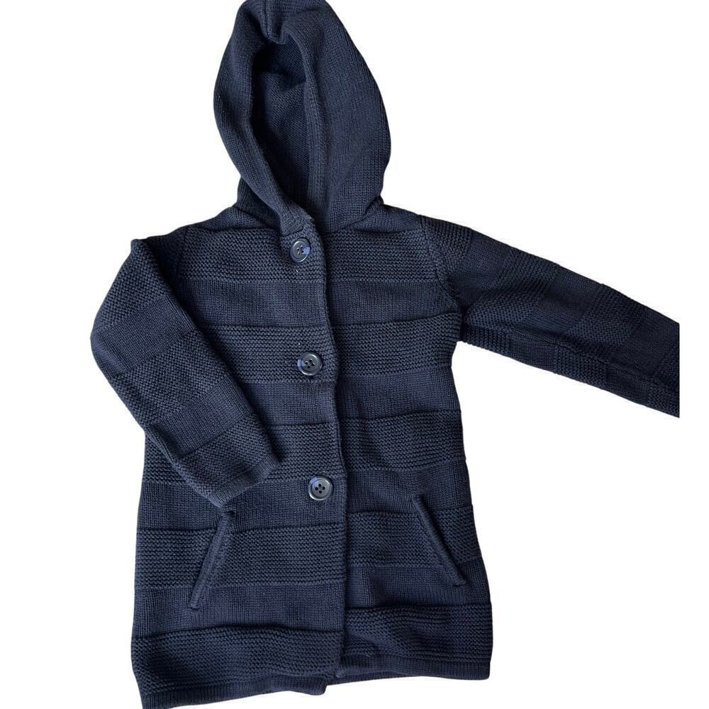 Girls 4T Hooded Button Down Cardigan Sweater, Navy, Tunic Length, Pockets